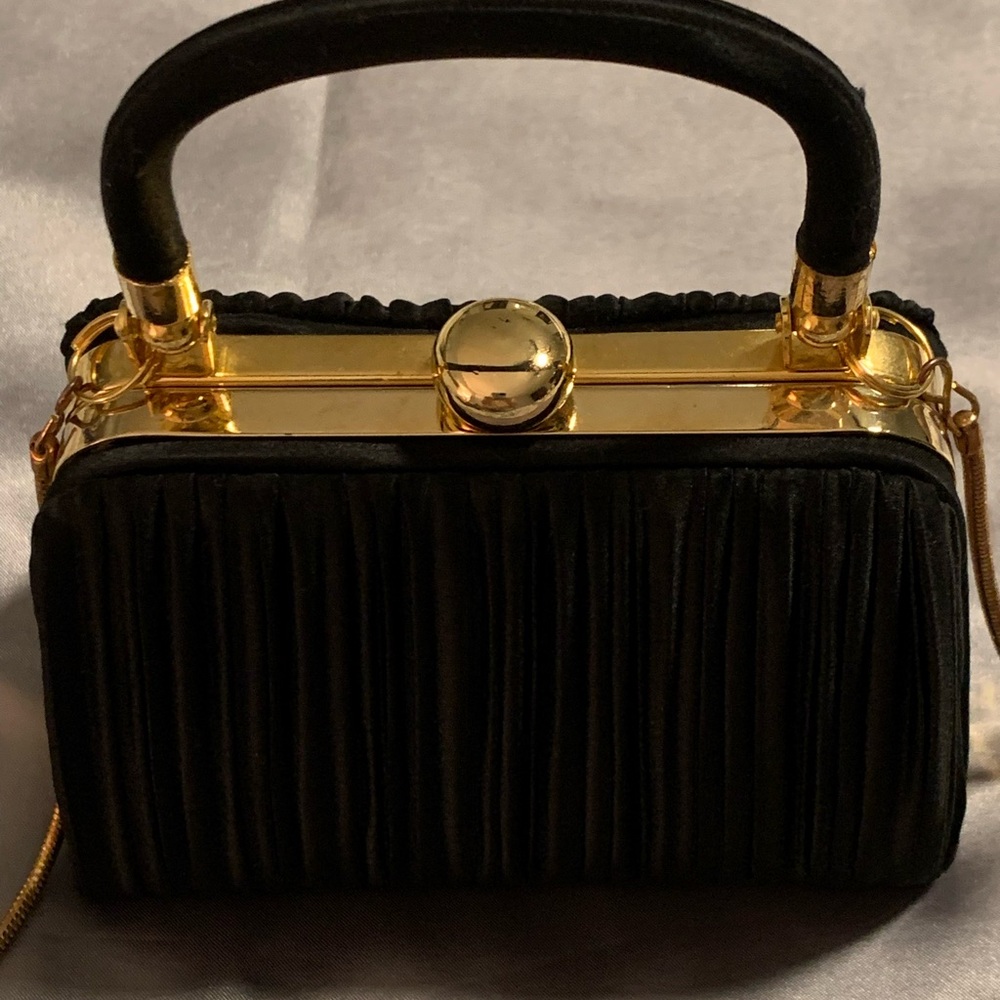 Lord and Taylor Black Purse Scrunchy and Gold Hardware & Black Handle with Chain